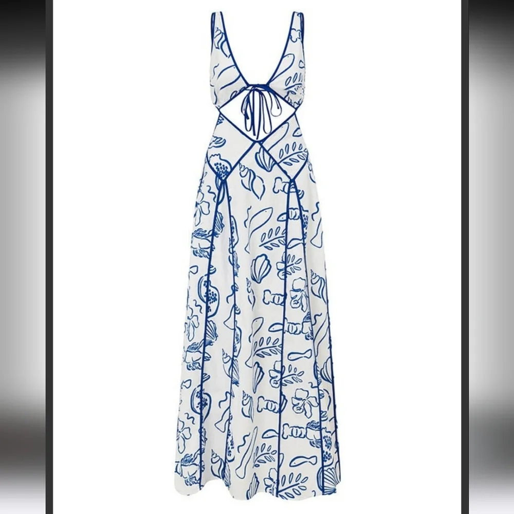 Maxi Dress with a blue marine print and contrast binding.  - Picture 6 of 7